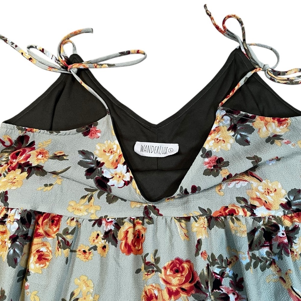 Floral Mint Tie-Strap Dress - Boho Chic Casual Style | Size Small | Resort Wear - Picture 6 of 16
